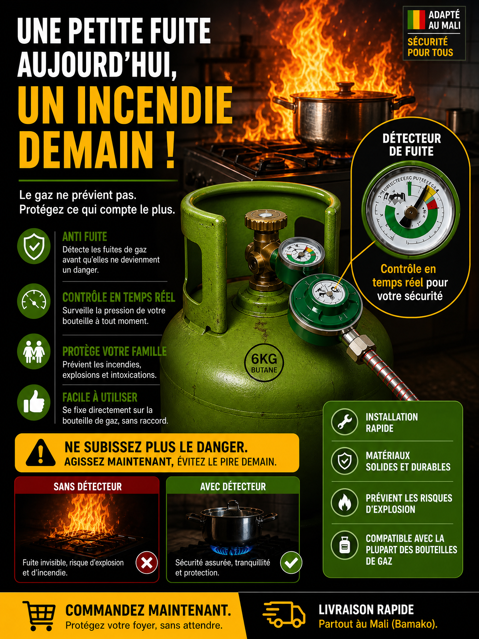 Détendeur de Gaz Anti-Fuite avec Manomètre